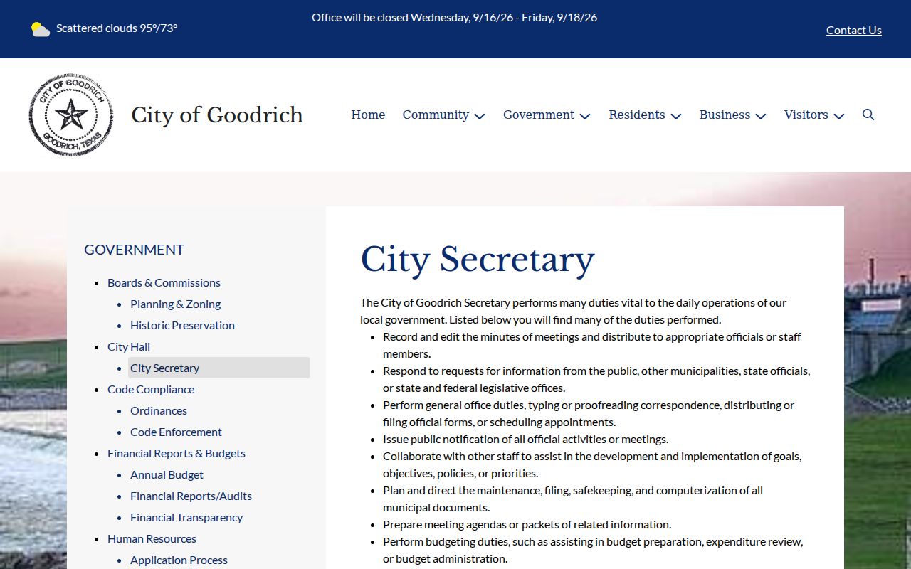 Goodrich warrant records contact reference to the City Secretary page