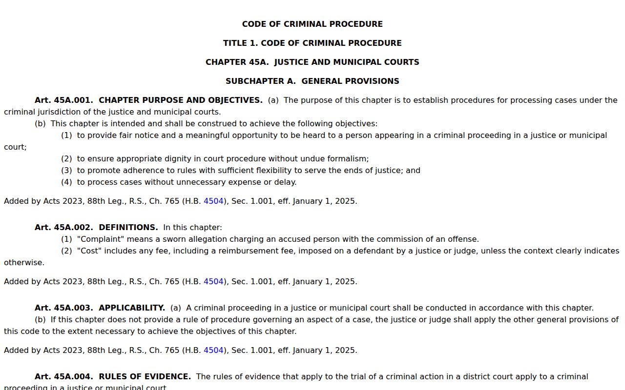 Polk County bench warrant reference to Texas Chapter 45A capias pro fine law